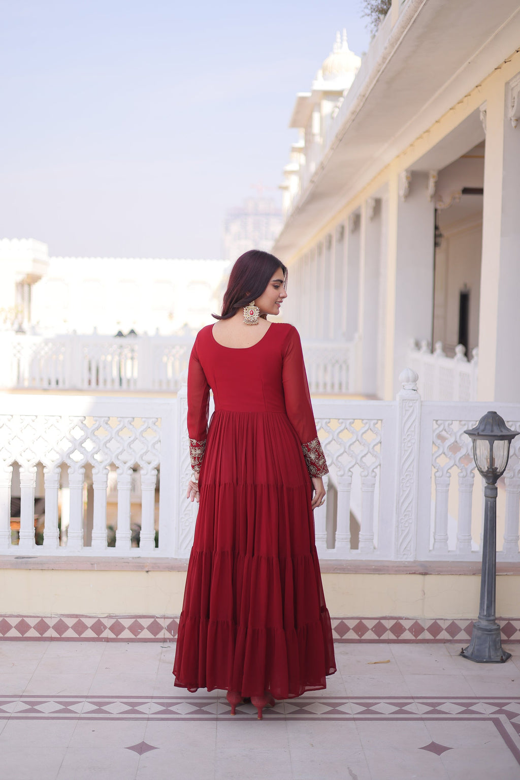 Maroon Faux Blooming Sequins Zari Embroidered Gown