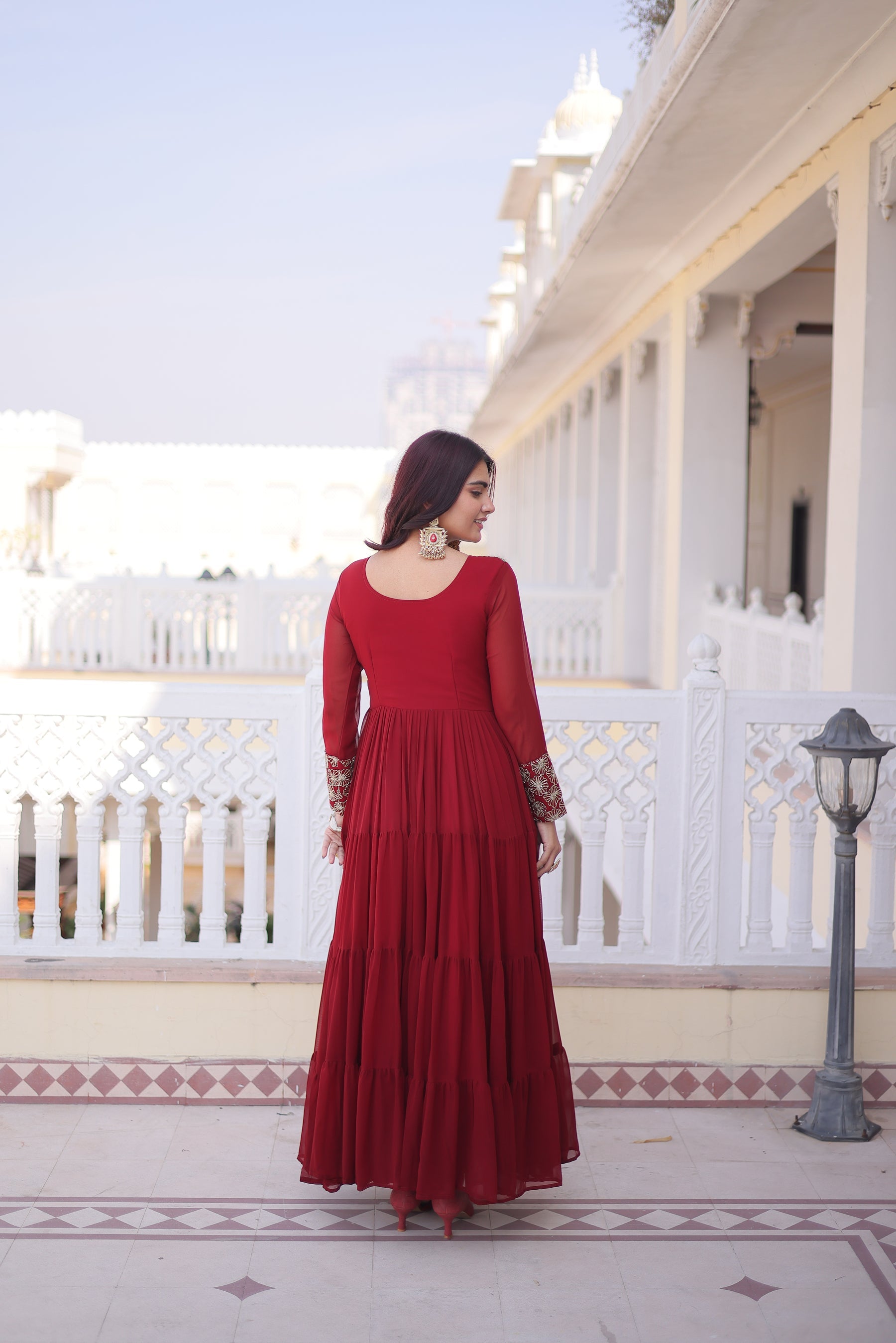 Maroon Faux Blooming Sequins Zari Embroidered Gown