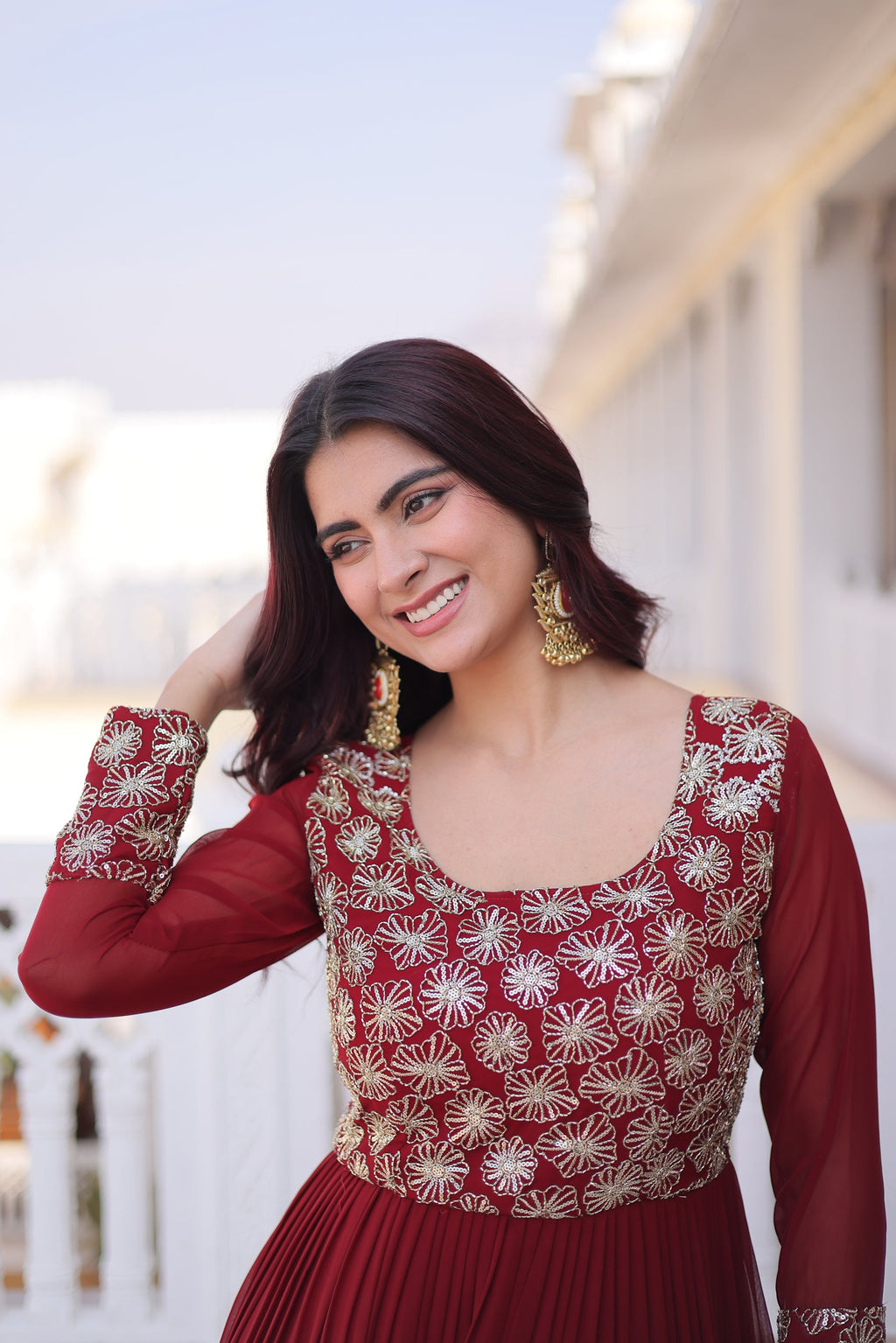 Maroon Faux Blooming Sequins Zari Embroidered Gown