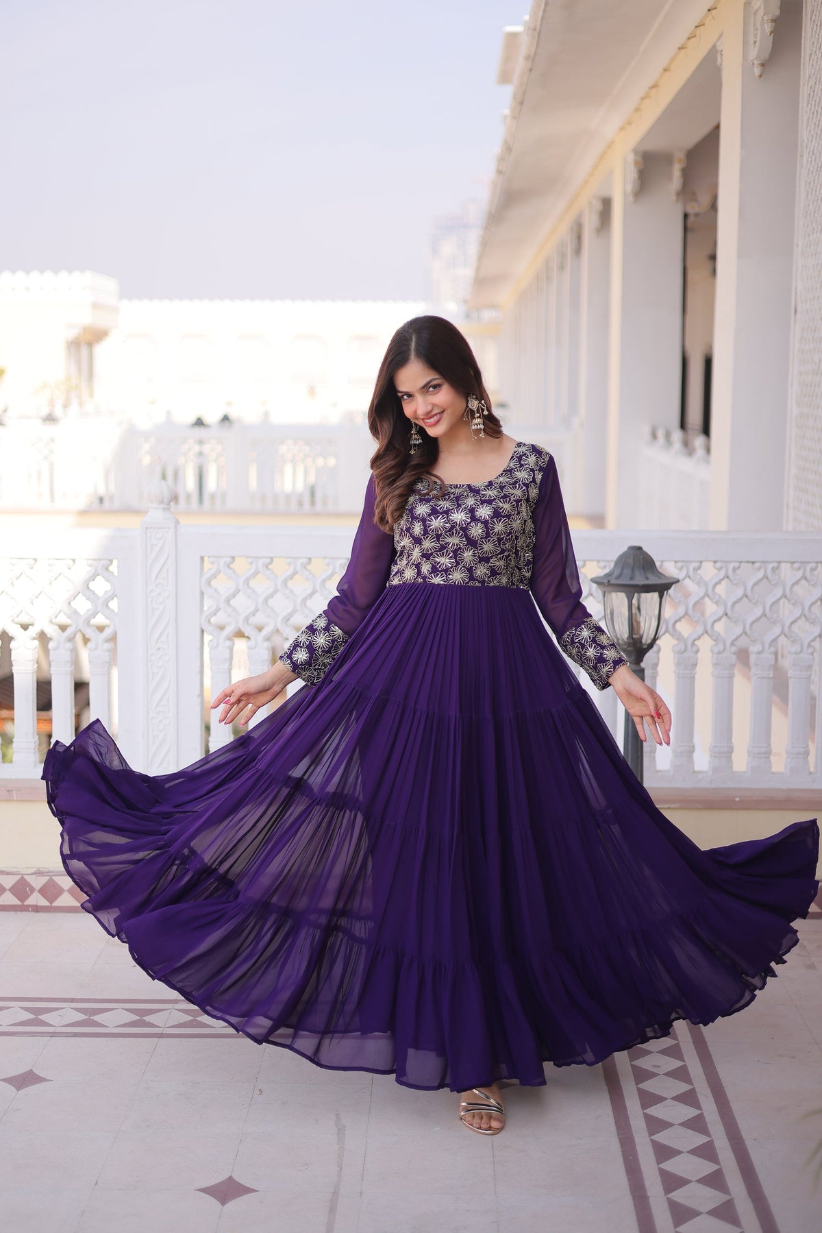 Purple Faux Blooming Embellished Gown with Zari and Sequins
