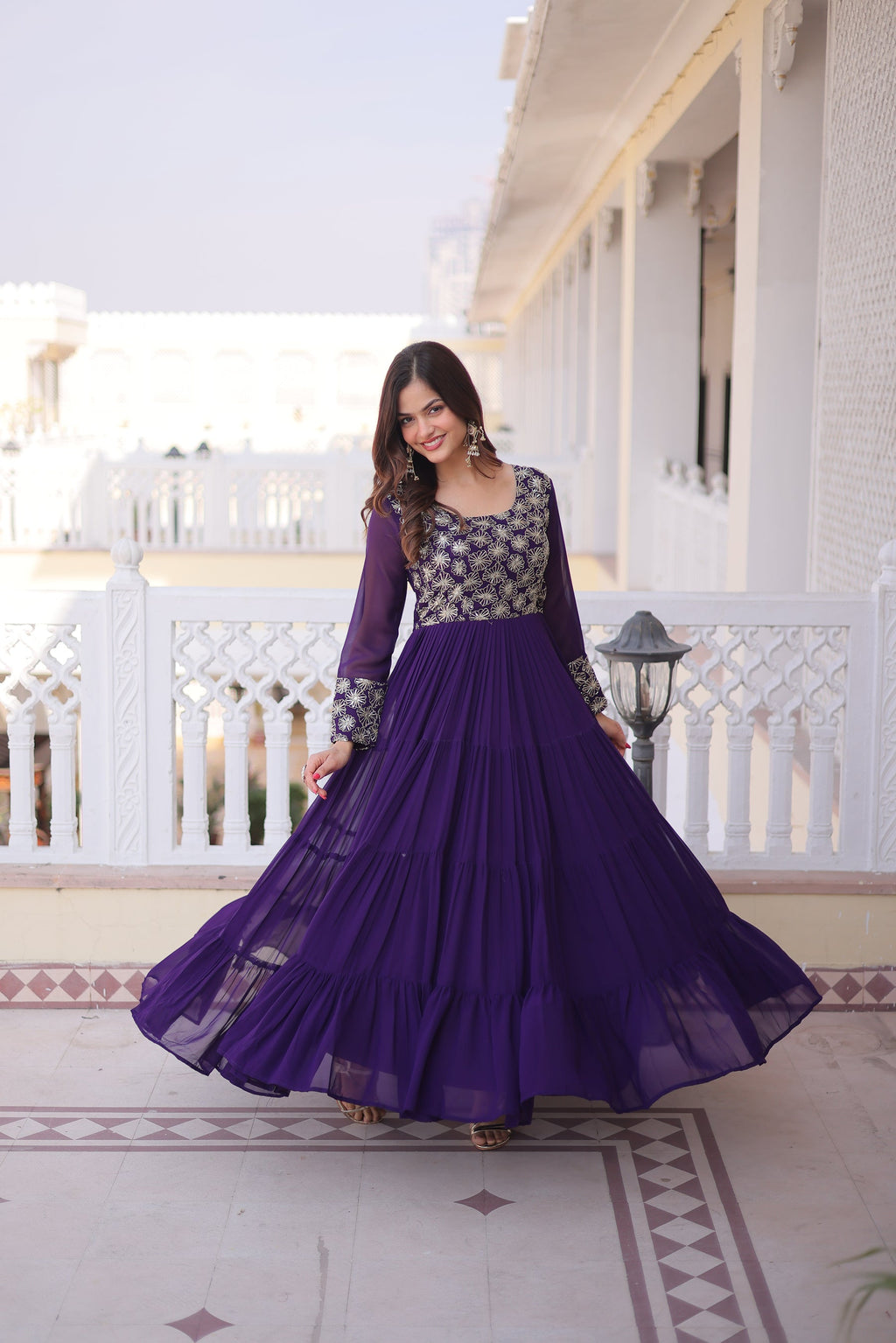 Purple Faux Blooming Embellished Gown with Zari and Sequins