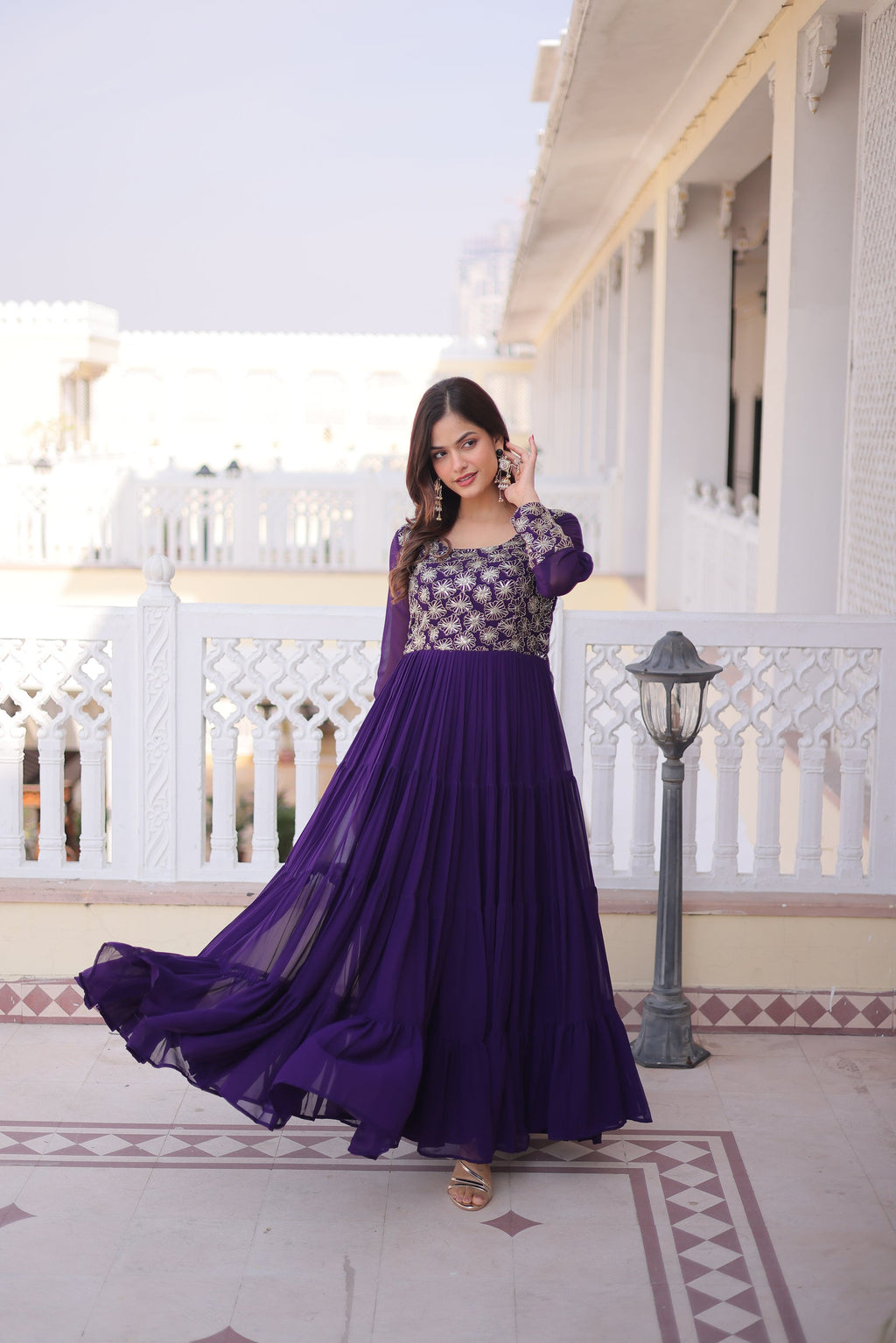 Purple Faux Blooming Embellished Gown with Zari and Sequins