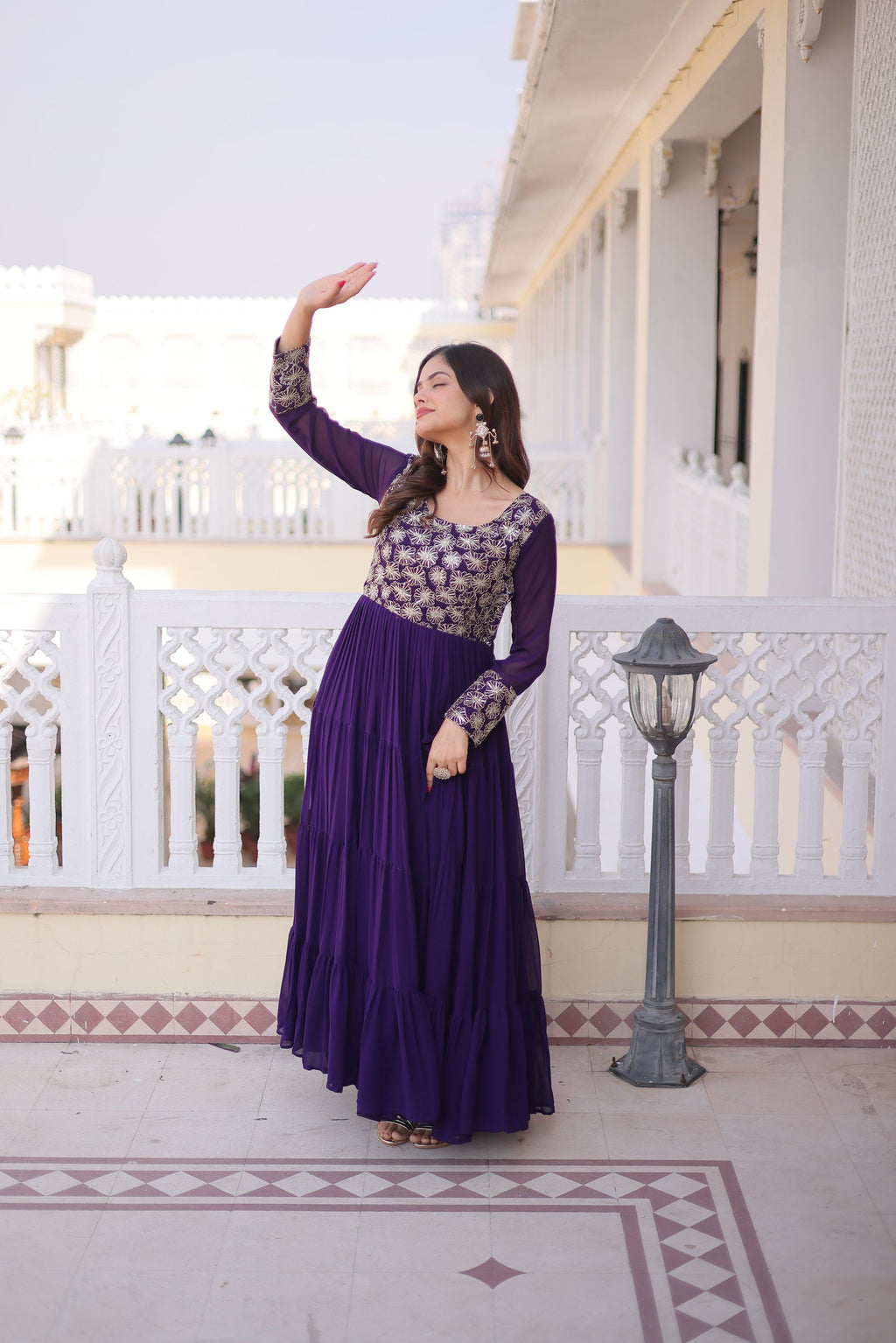 Purple Faux Blooming Embellished Gown with Zari and Sequins