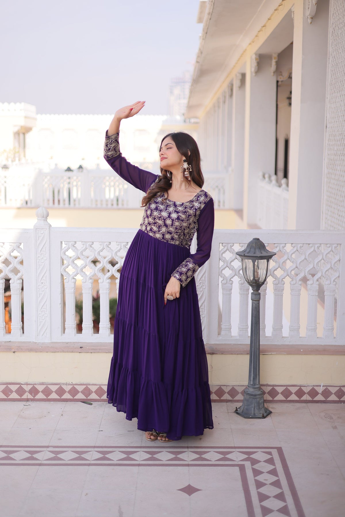 Purple Faux Blooming Embellished Gown with Zari and Sequins