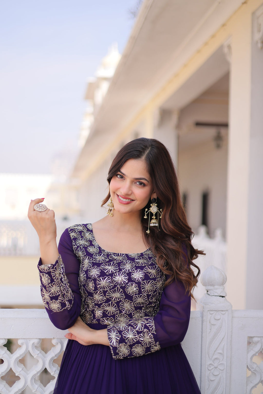 Purple Faux Blooming Embellished Gown with Zari and Sequins