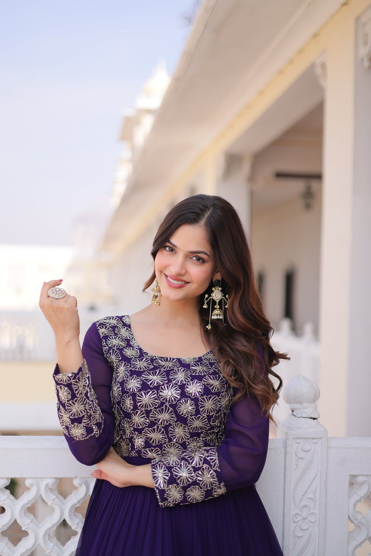 Purple Faux Blooming Embellished Gown with Zari and Sequins