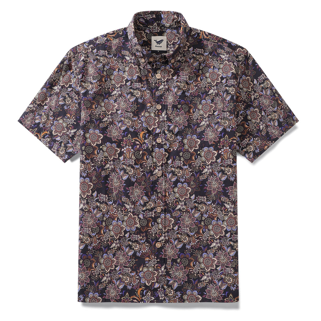 Men's vintage bouquet print Hawaiian shirt in burgundy, navy, and charcoal cotton.