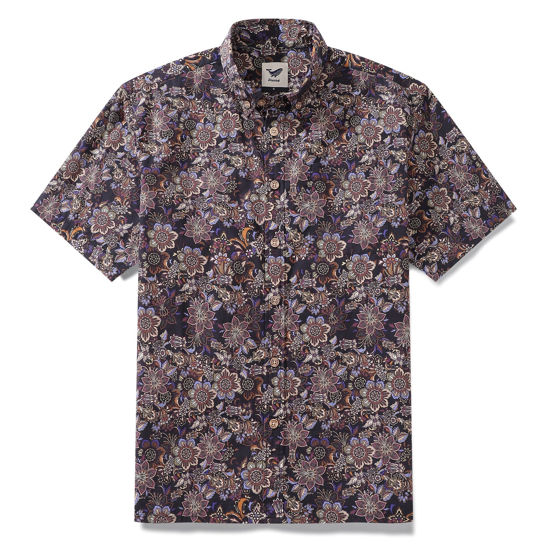 Men's vintage bouquet print Hawaiian shirt in burgundy, navy, and charcoal cotton.