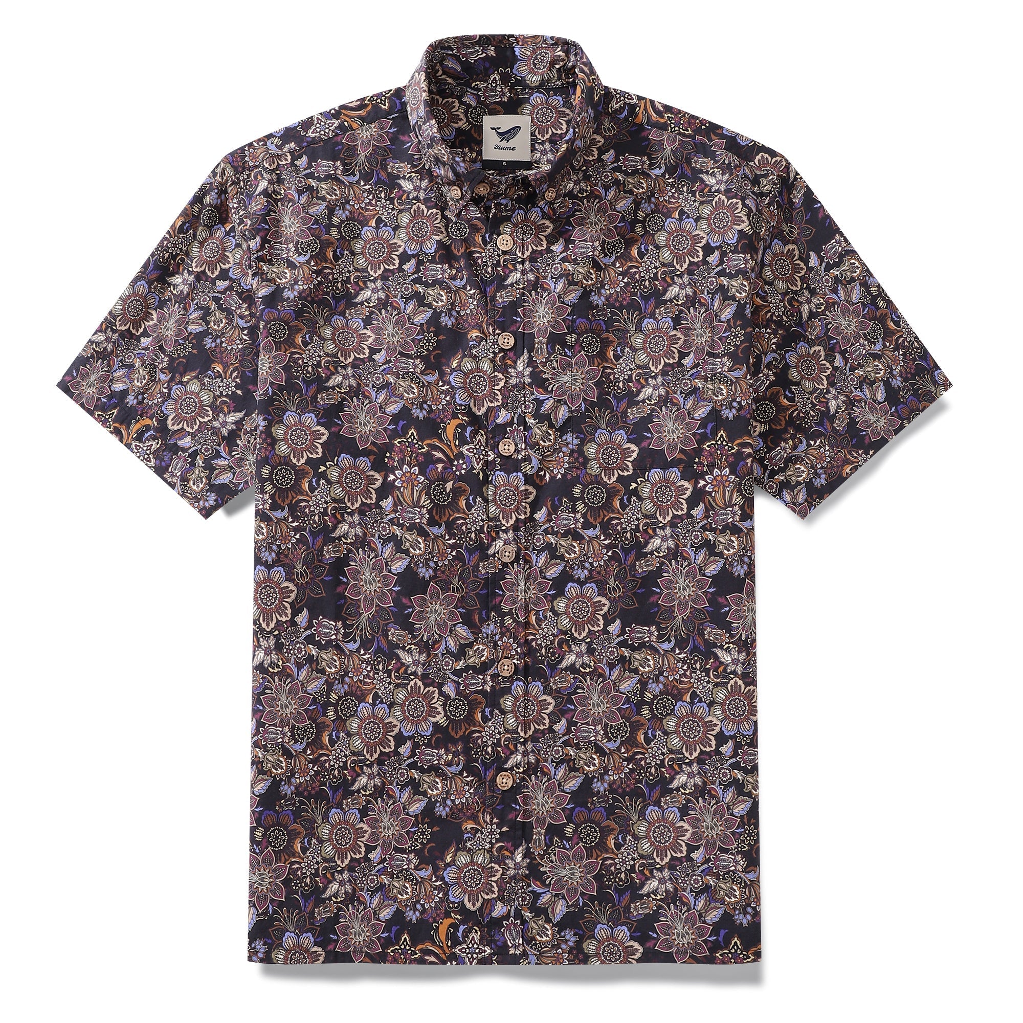 Men's vintage bouquet print Hawaiian shirt in burgundy, navy, and charcoal cotton.