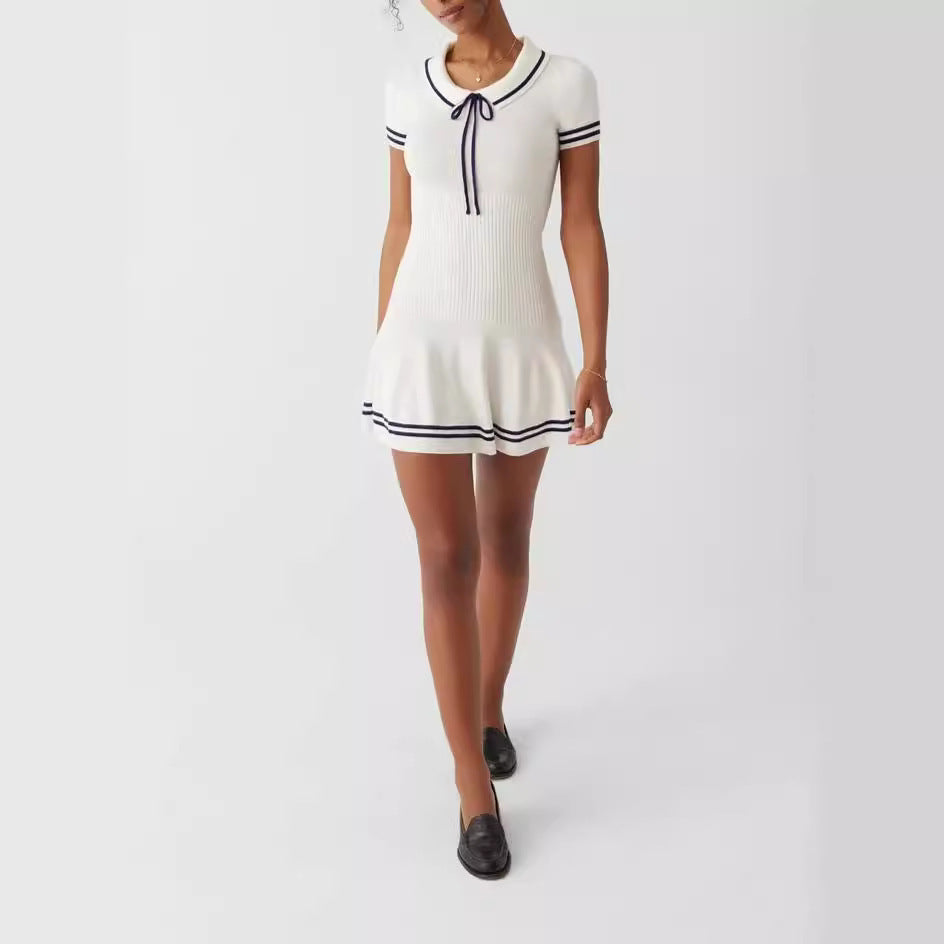 Short-Sleeve Striped Knit Mini Dress in White and Navy - Image 3