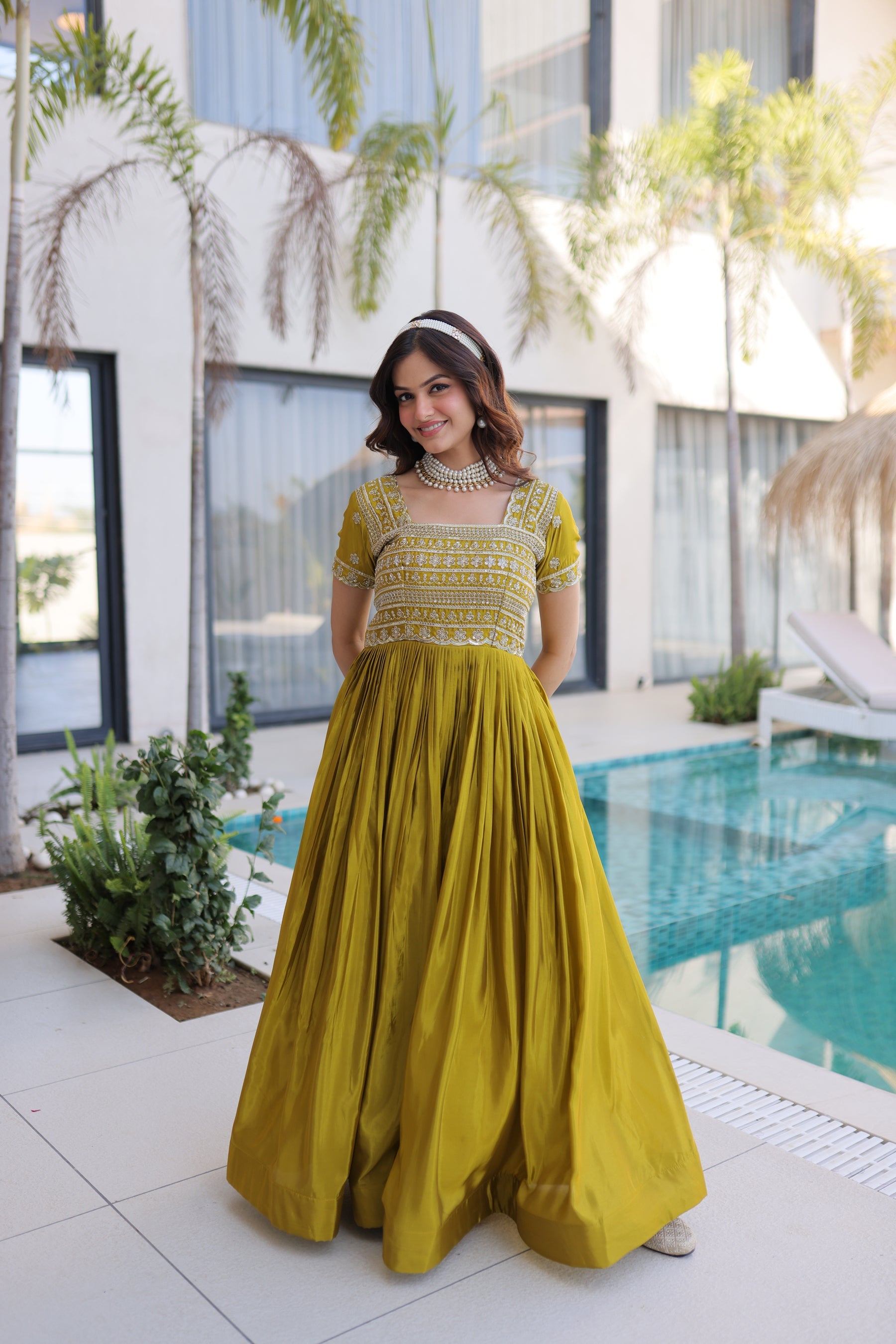 Mehendi Green Silk Floor Length Gown with Sequins & Zari Embroidery