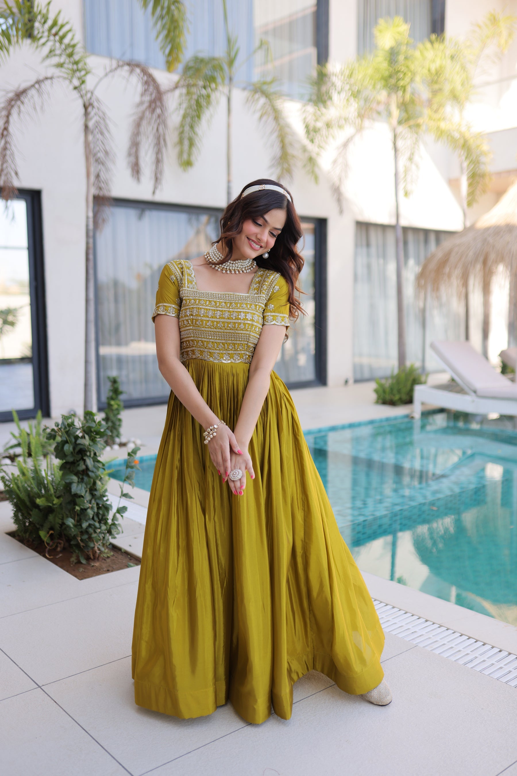 Mehendi Green Silk Floor Length Gown with Sequins & Zari Embroidery