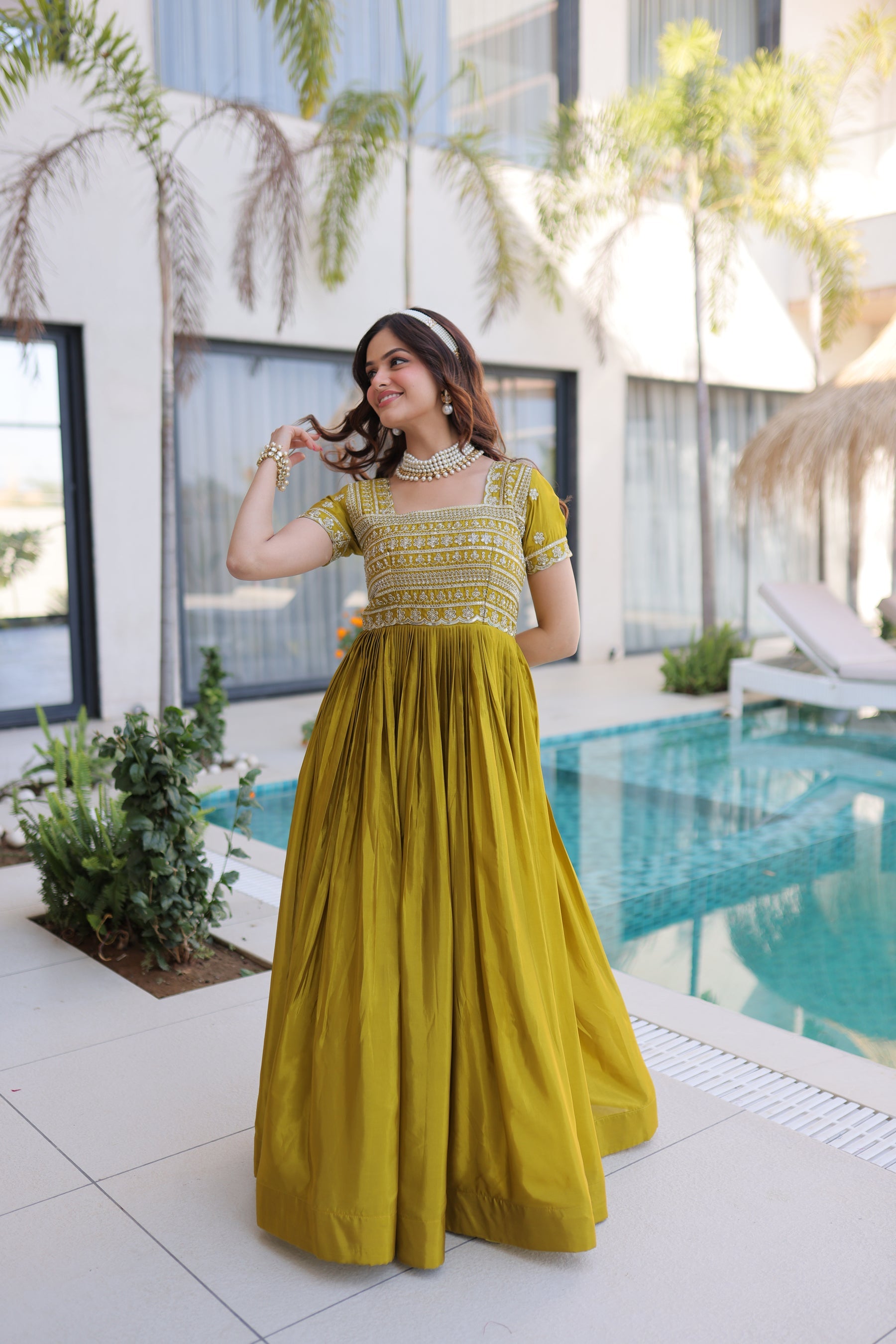 Mehendi Green Silk Floor Length Gown with Sequins & Zari Embroidery