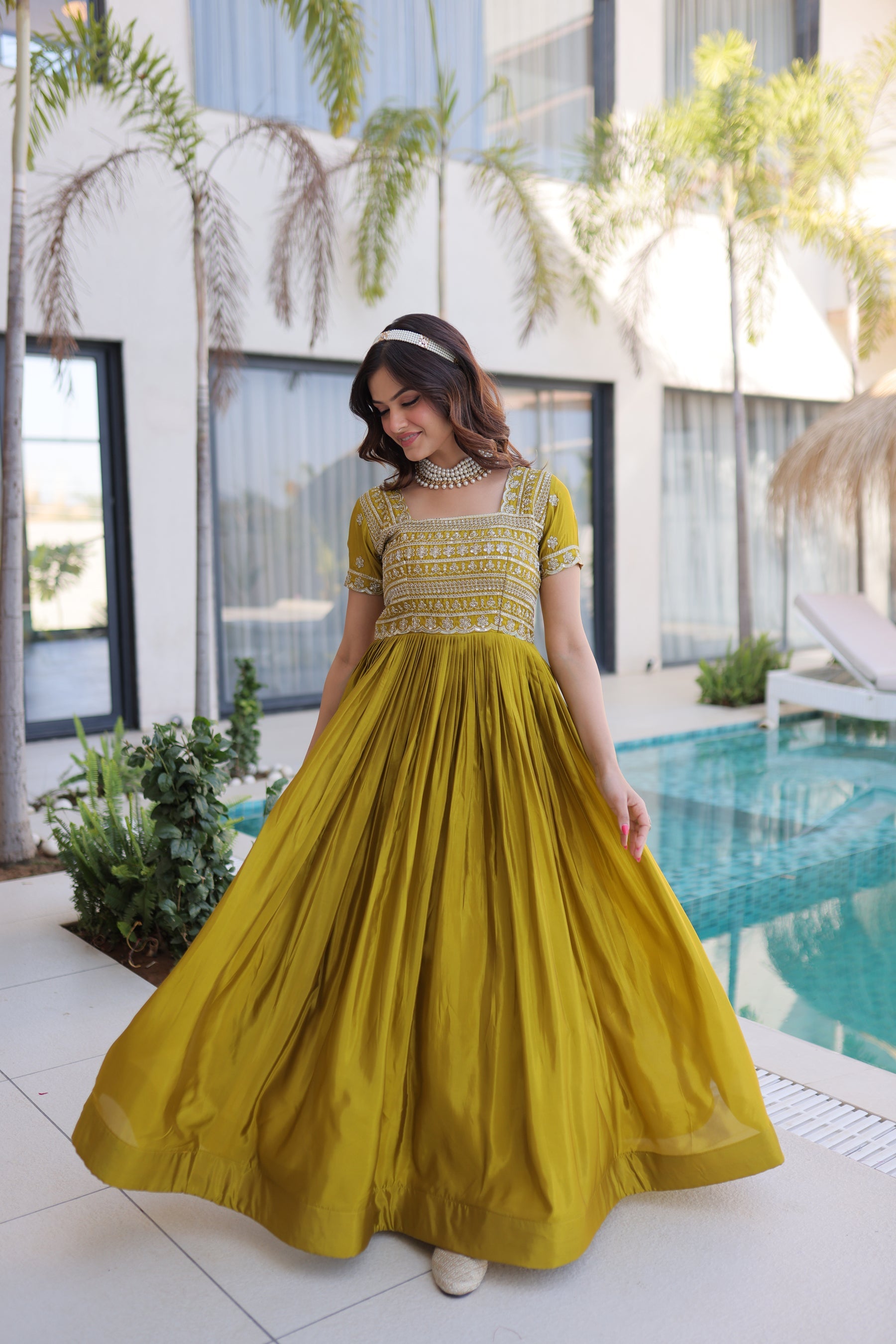 Mehendi Green Silk Floor Length Gown with Sequins & Zari Embroidery