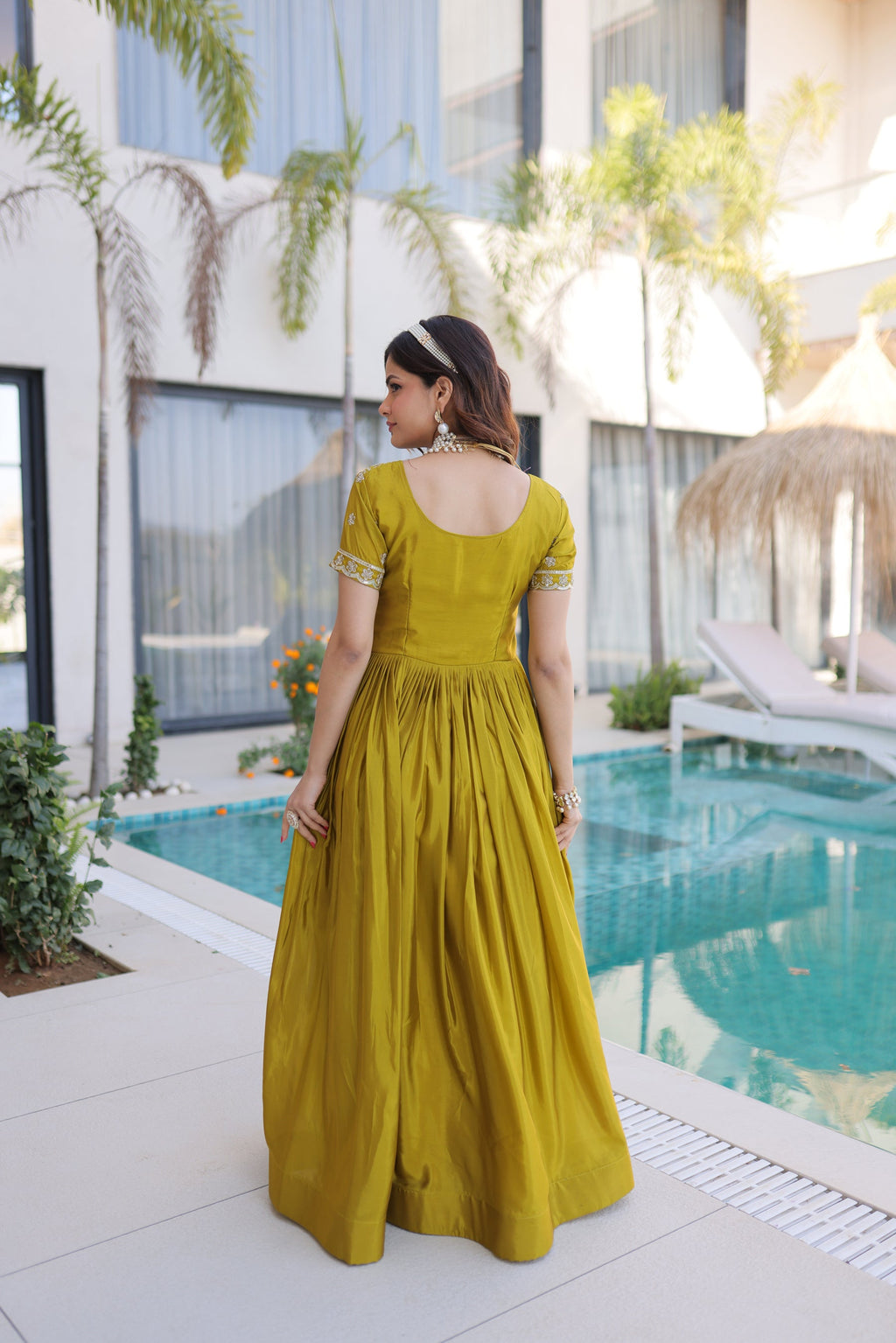 Mehendi Green Silk Floor Length Gown with Sequins & Zari Embroidery
