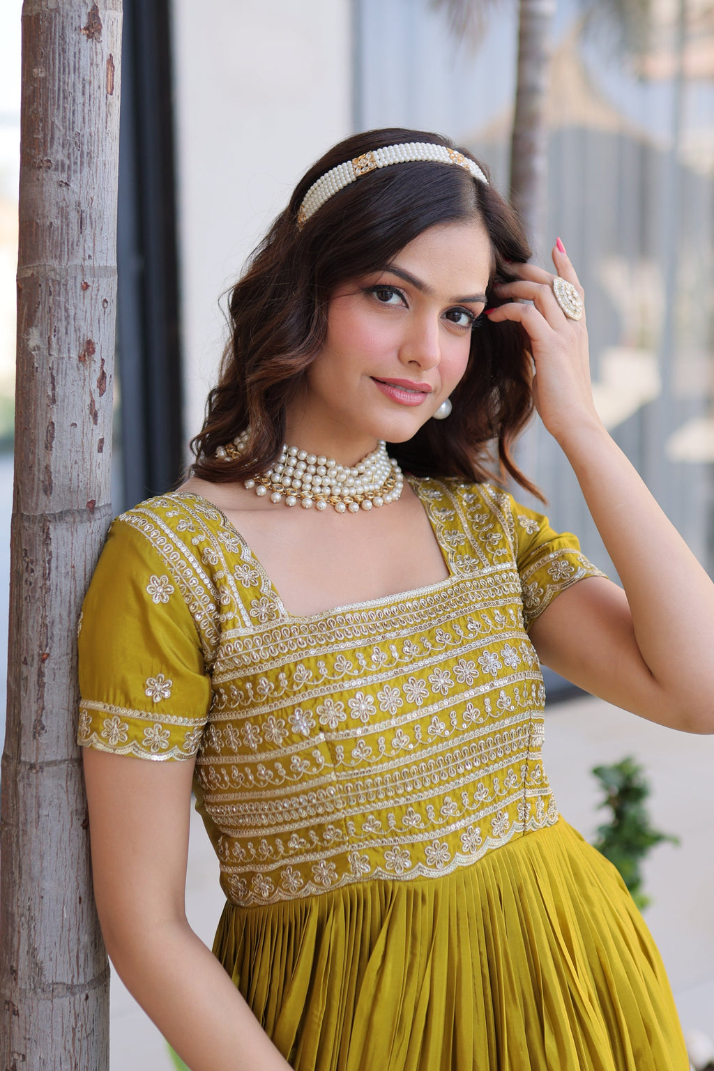Mehendi Green Silk Floor Length Gown with Sequins & Zari Embroidery