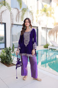 Purple 9000 Velvet kurta with zari coding embroidery, matching pants, and a decorative batwa bag