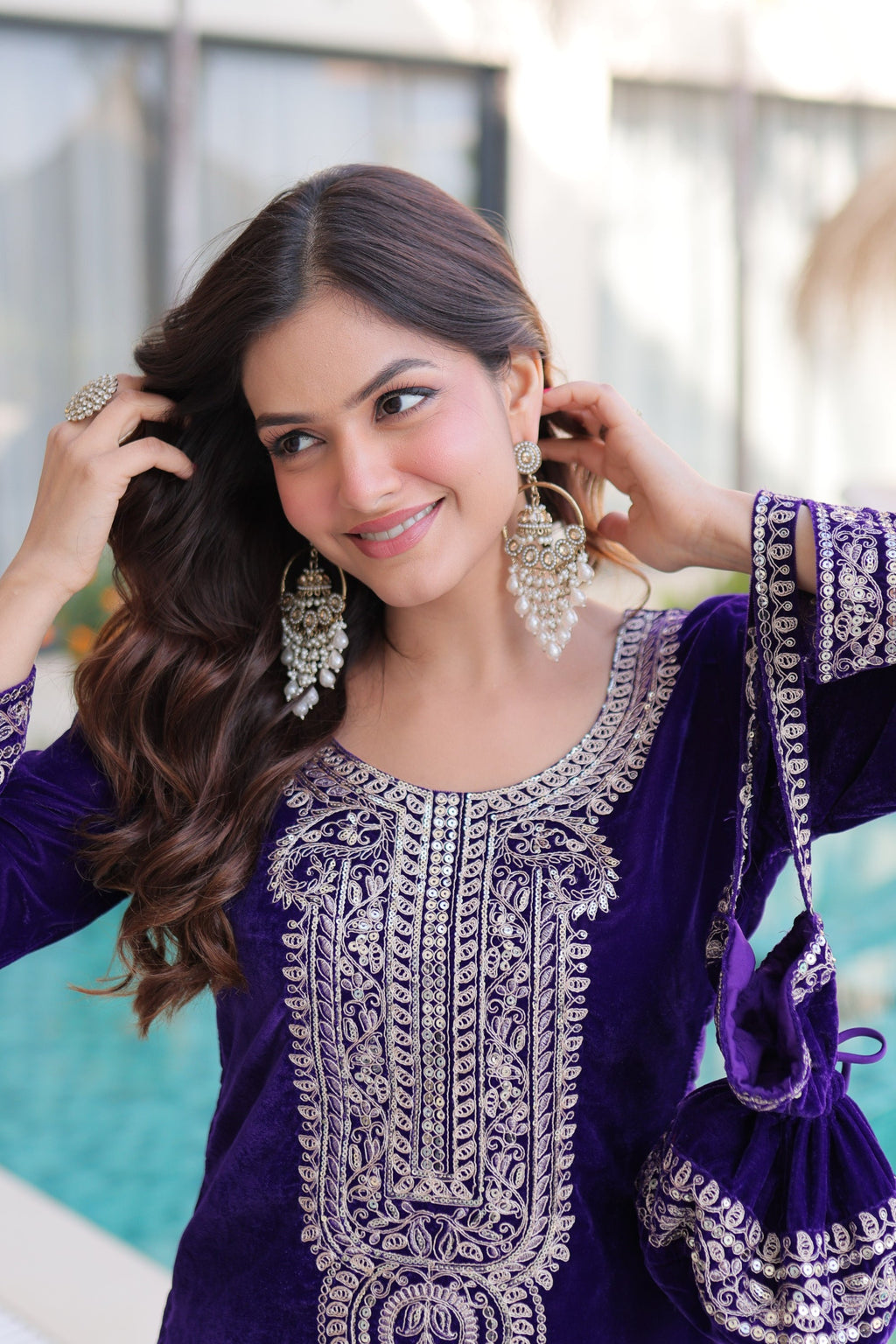 Purple 9000 Velvet Zari Embroidered Kurta Pant Set with Batwa