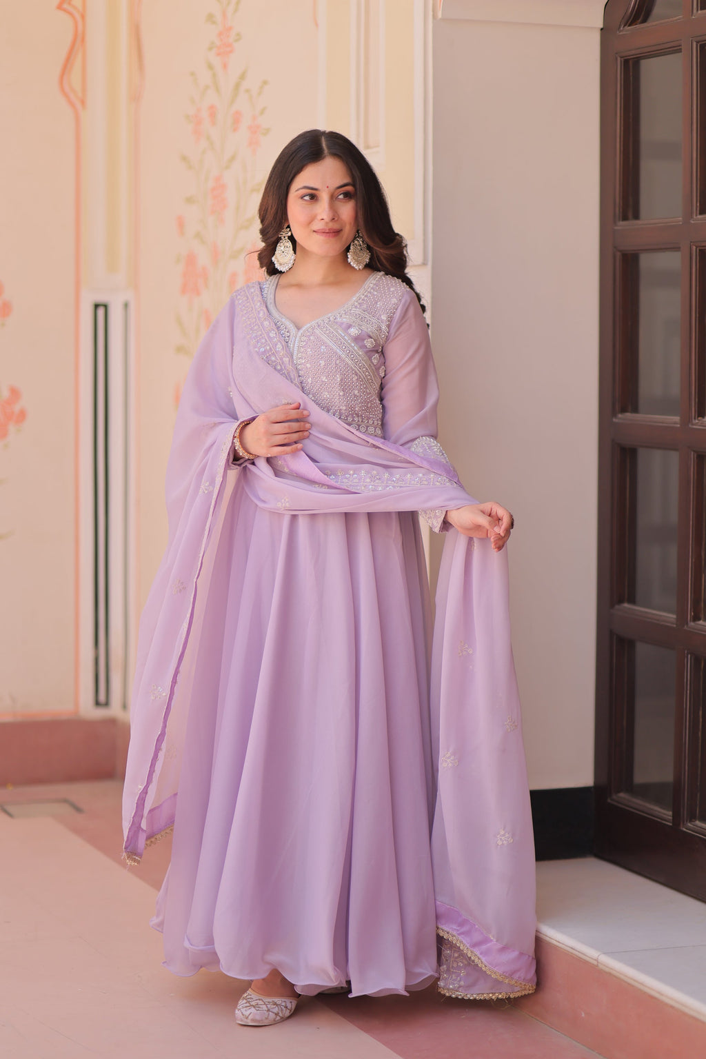 Lavender Star Georgette gown featuring intricate sequins and bead work with matching dupatta
