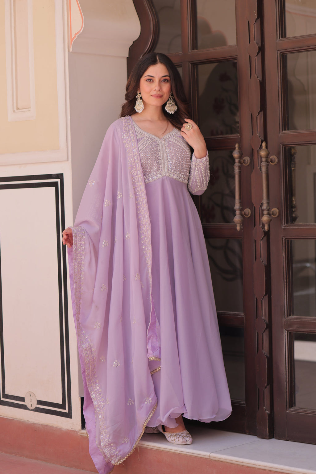 Lavender Star Georgette Sequins & Bead Embroidered Gown with Dupatta