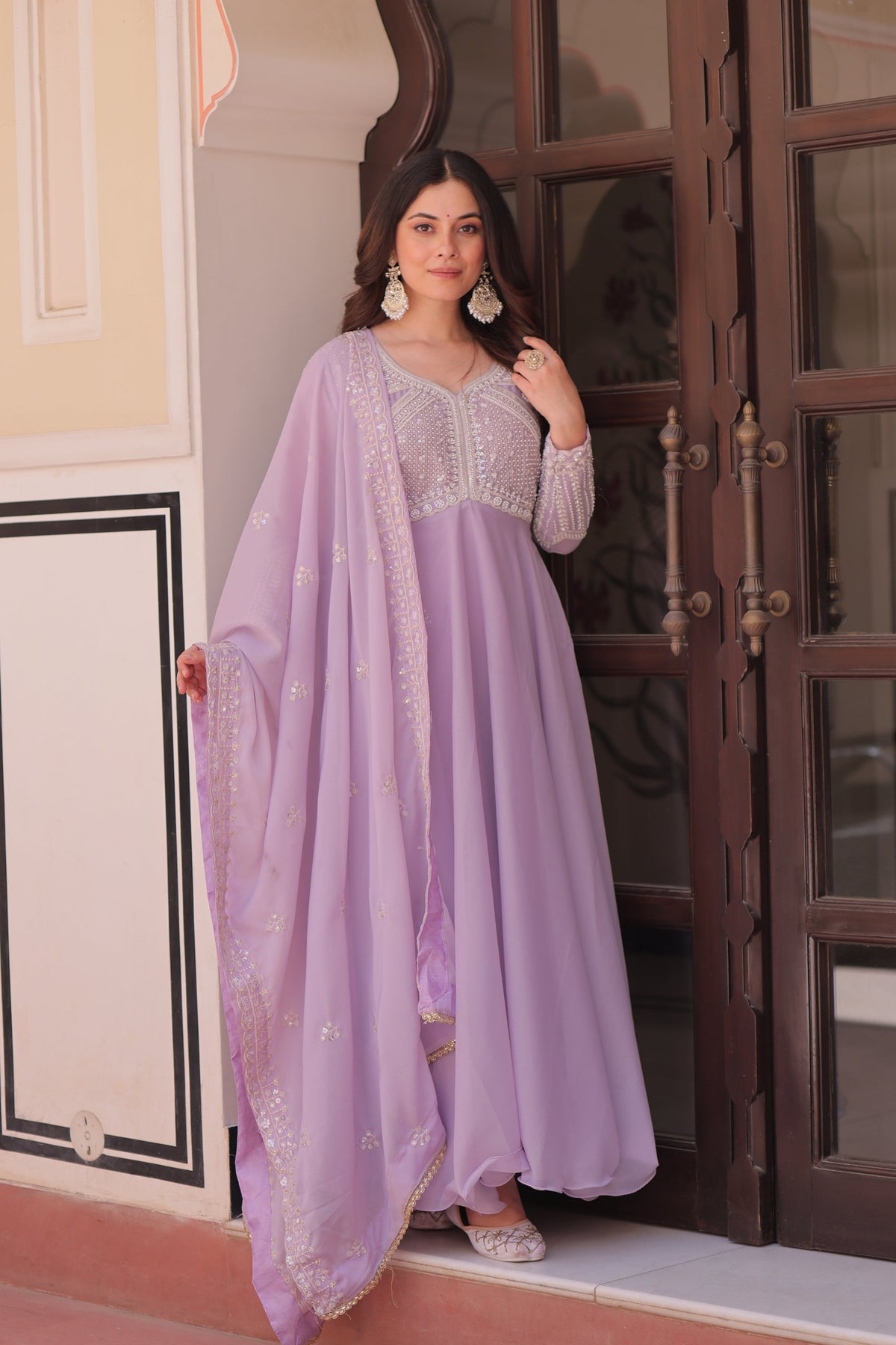 Lavender Star Georgette Sequins & Bead Embroidered Gown with Dupatta