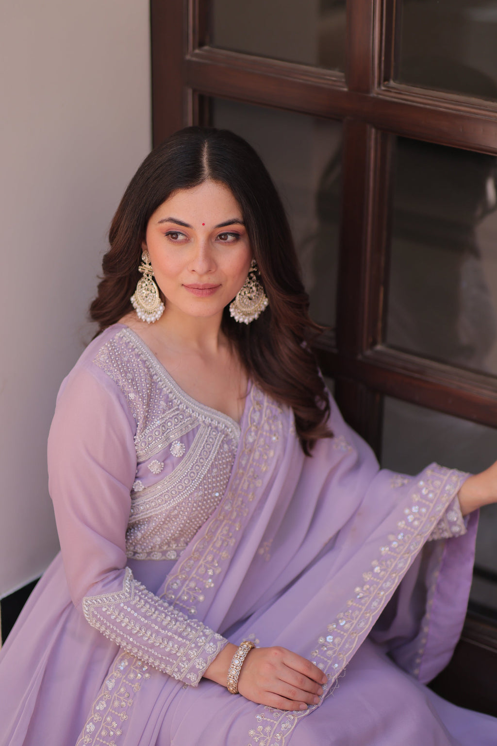 Lavender Star Georgette Sequins & Bead Embroidered Gown with Dupatta