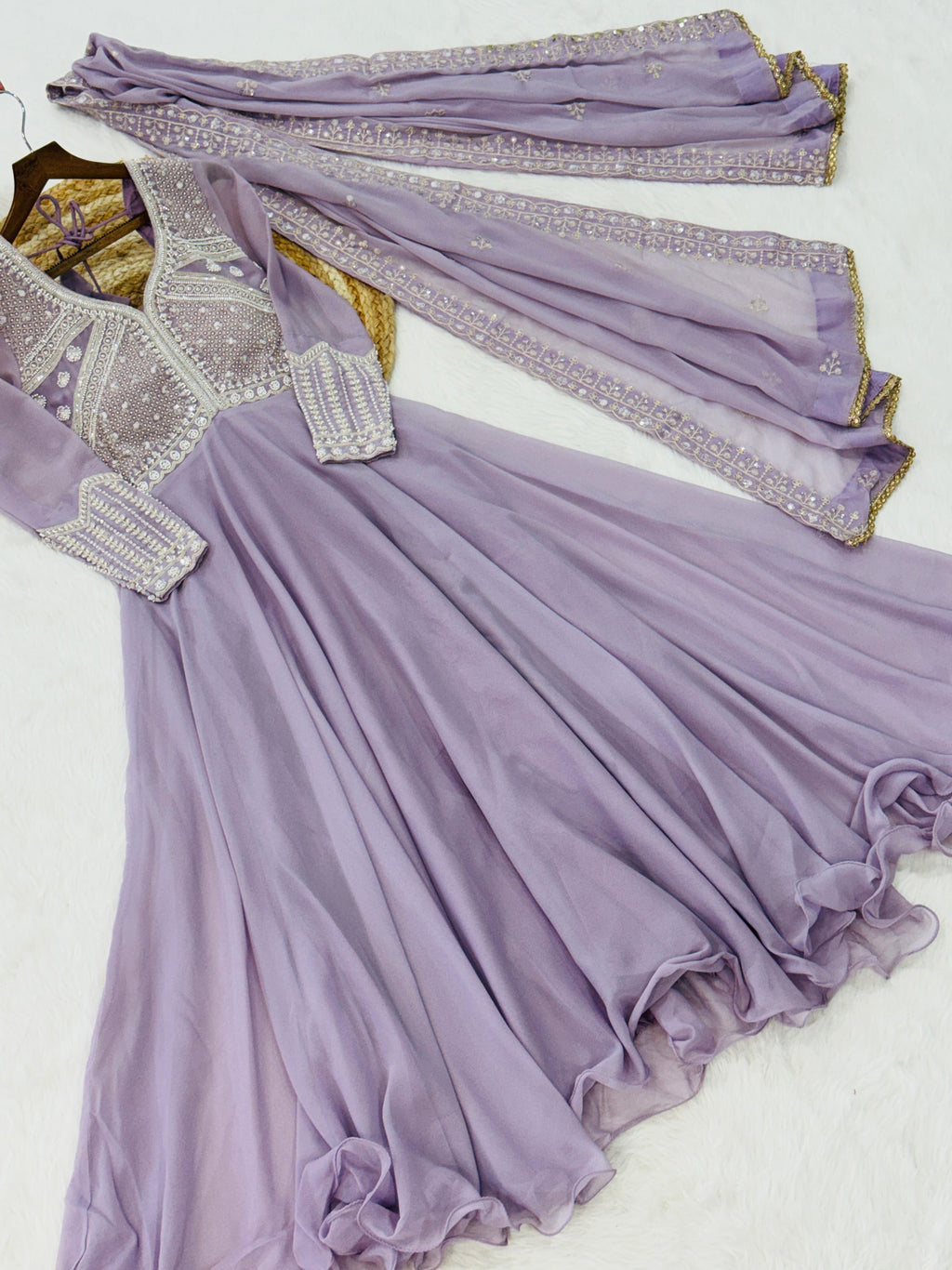 Lavender Star Georgette Sequins & Bead Embroidered Gown with Dupatta