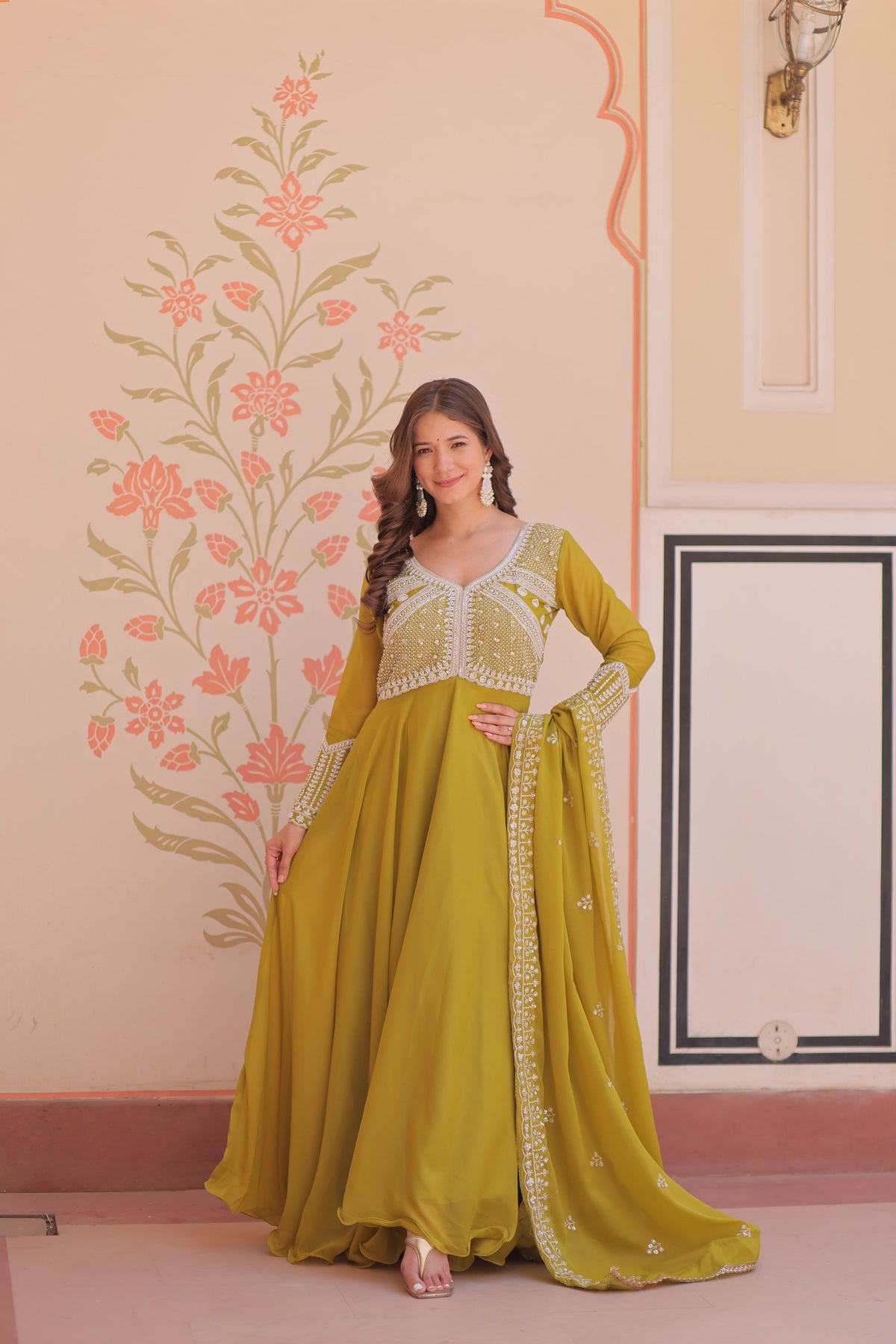 Mehendi Star Georgette Sequins & Bead Embroidered Gown with Dupatta