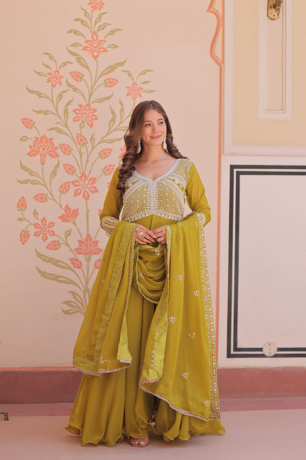Mehendi Star Georgette Sequins & Bead Embroidered Gown with Dupatta