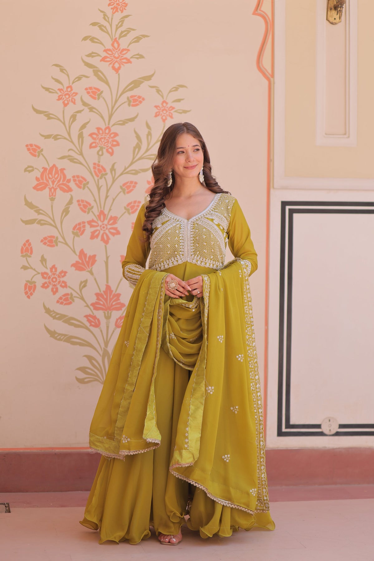 Mehendi Star Georgette Sequins & Bead Embroidered Gown with Dupatta