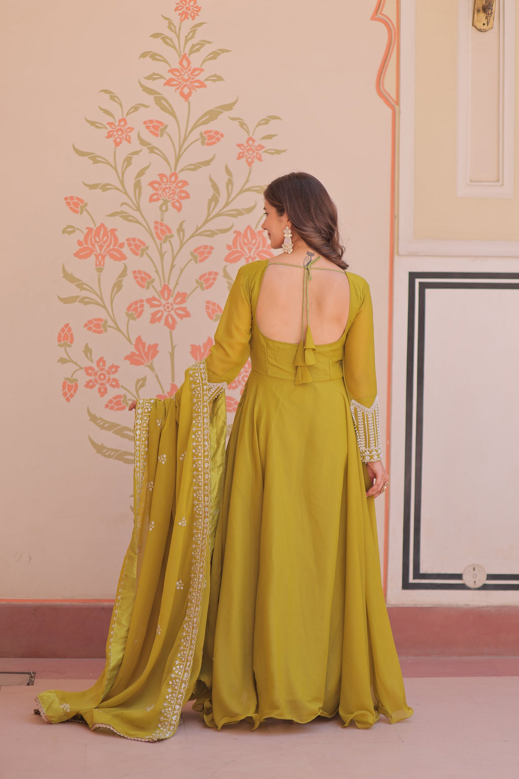 Mehendi Star Georgette Sequins & Bead Embroidered Gown with Dupatta