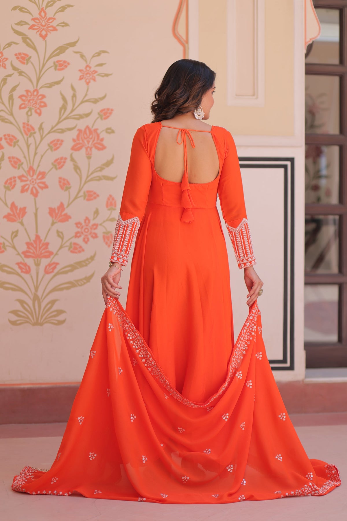 Orange Star Georgette Gown with Sequins Coding & Bead Embroidery