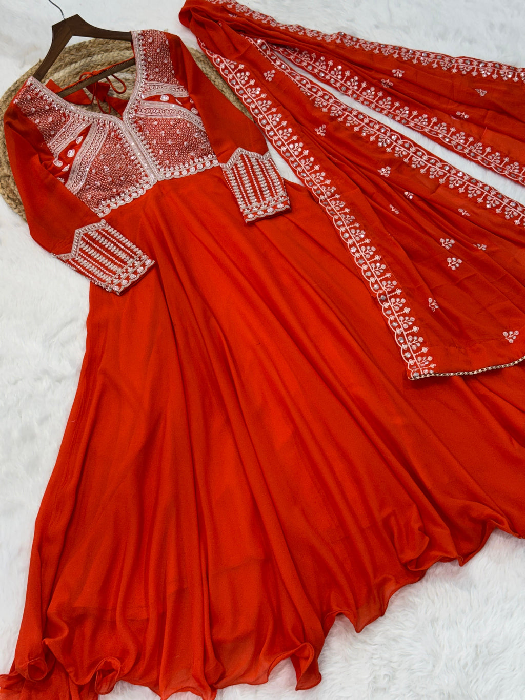 Orange Star Georgette Gown with Sequins Coding & Bead Embroidery