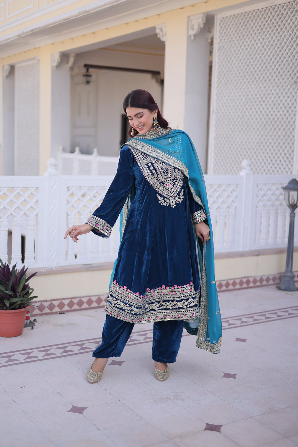 Rama 9000 Velvet Kurta Pant Set with Heavy Embroidery & Dupatta