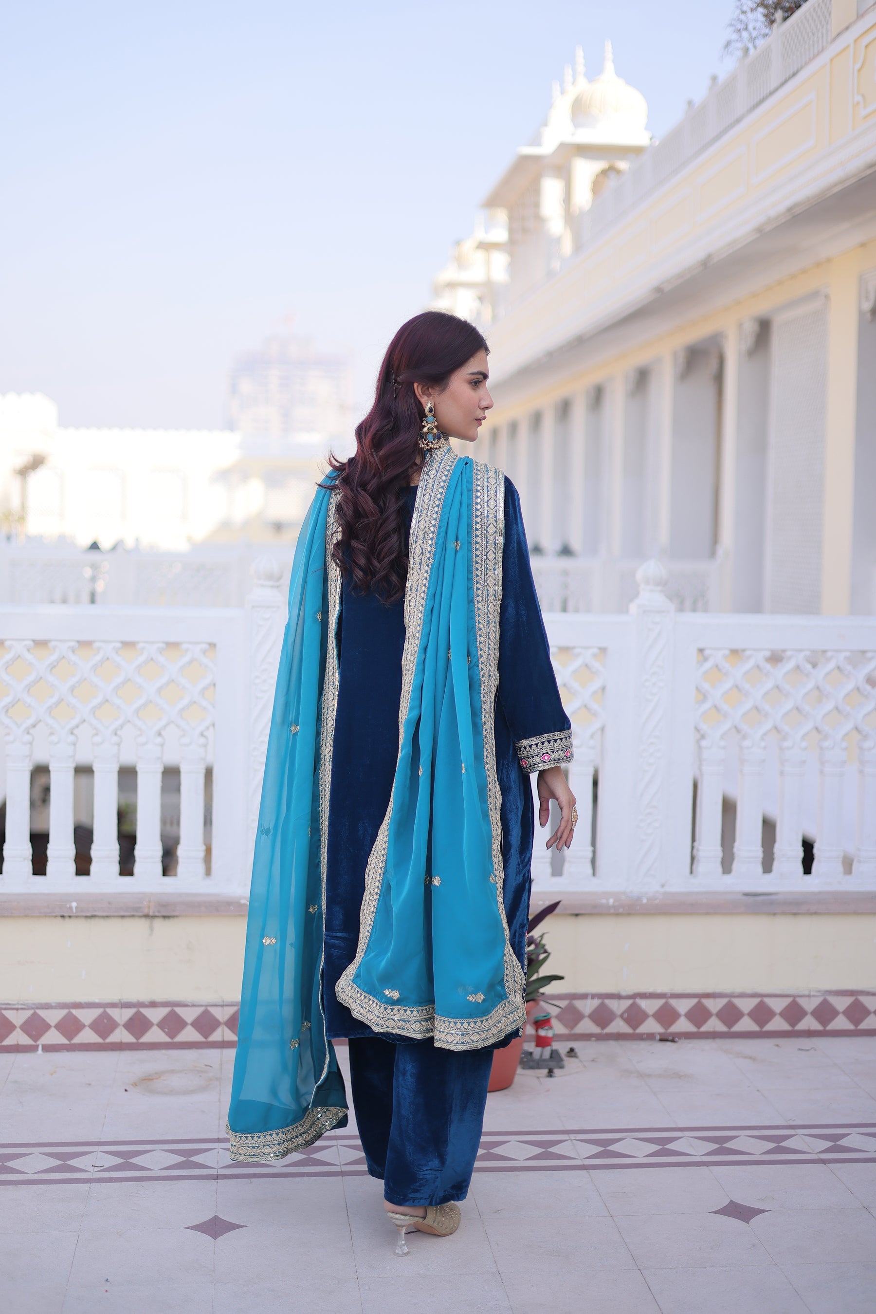 Rama 9000 Velvet Kurta Pant Set with Heavy Embroidery & Dupatta