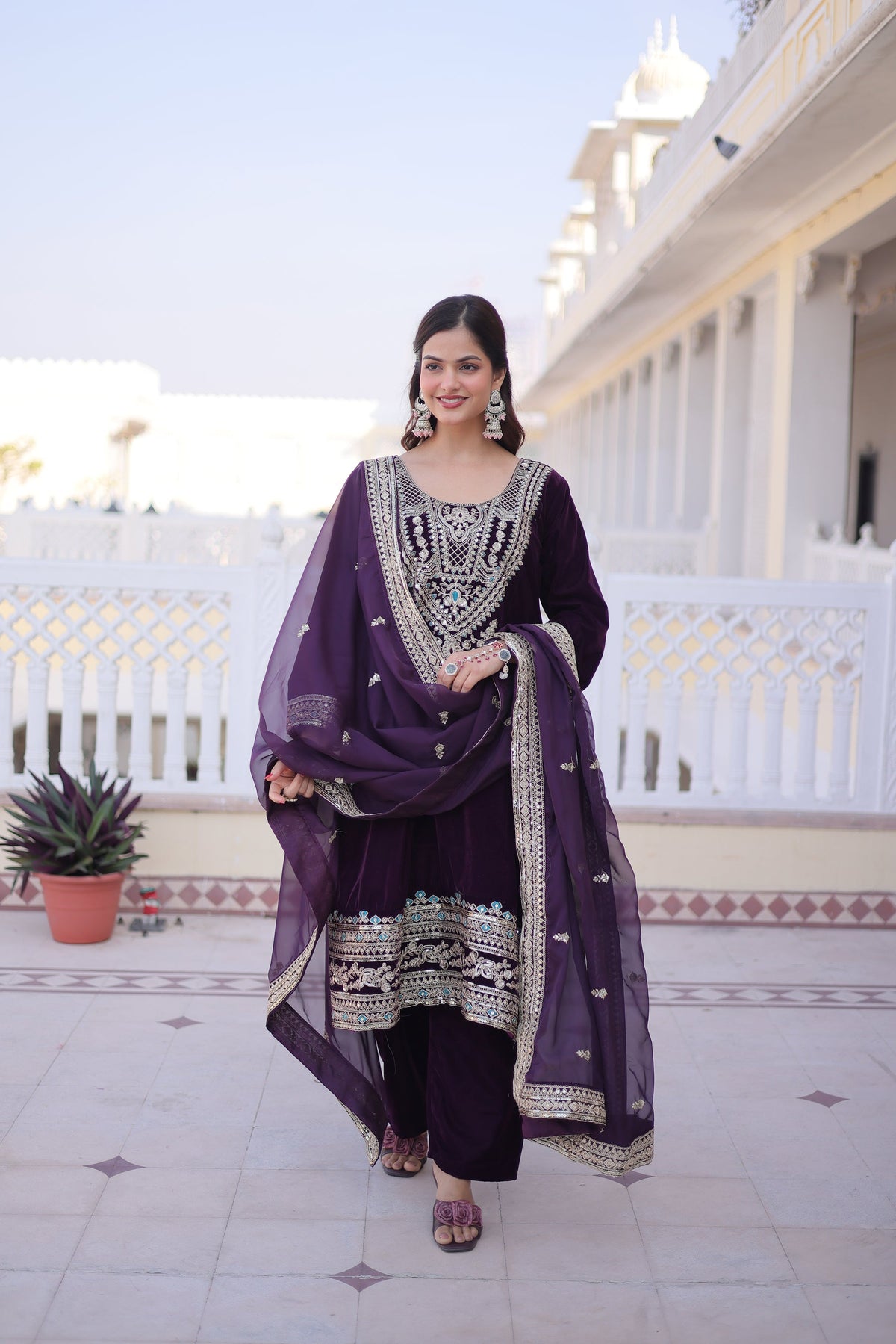 Wine 9000 Velvet Kurta Pant Set with Sequins and Thread Embroidery