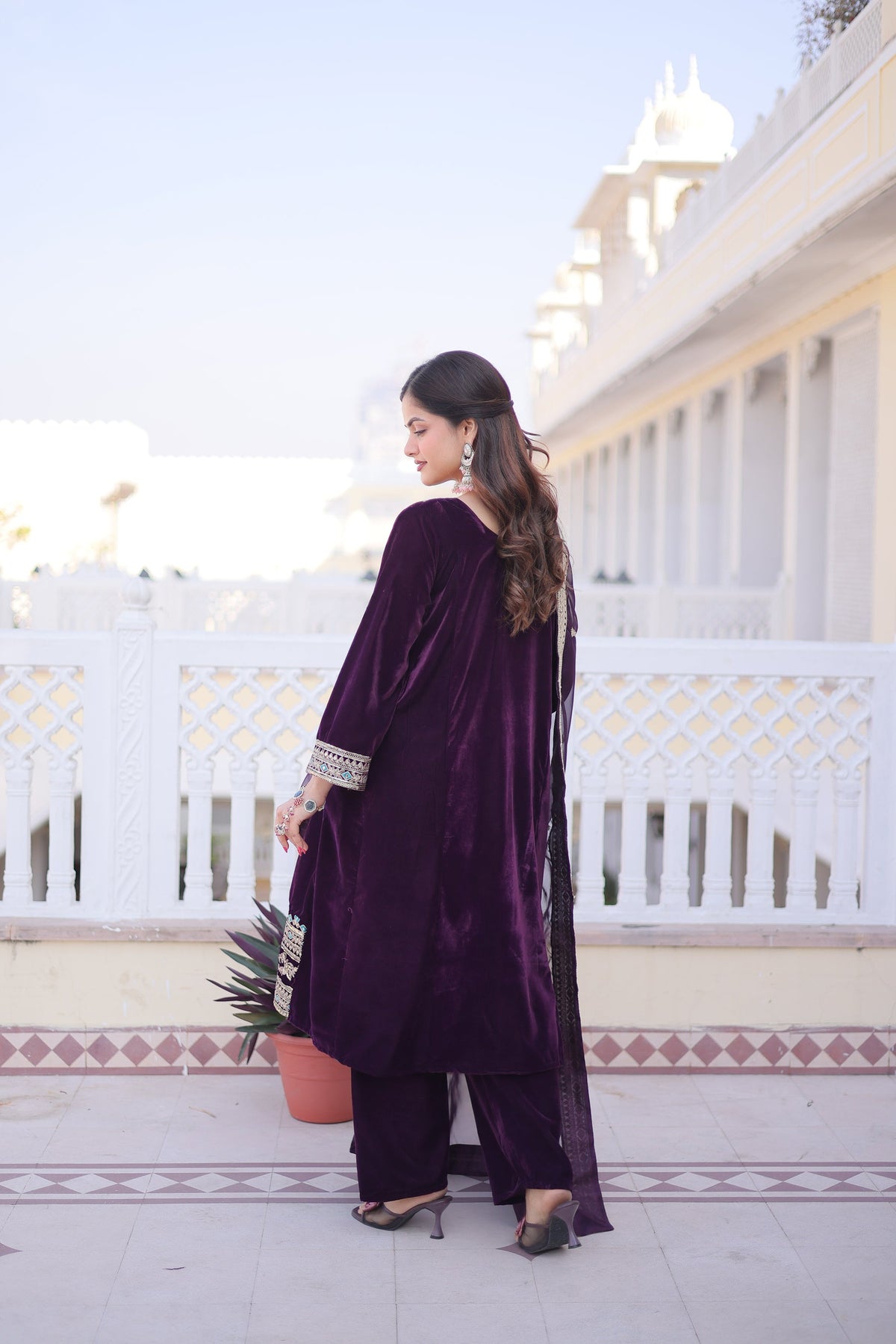 Wine 9000 Velvet Kurta Pant Set with Sequins and Thread Embroidery