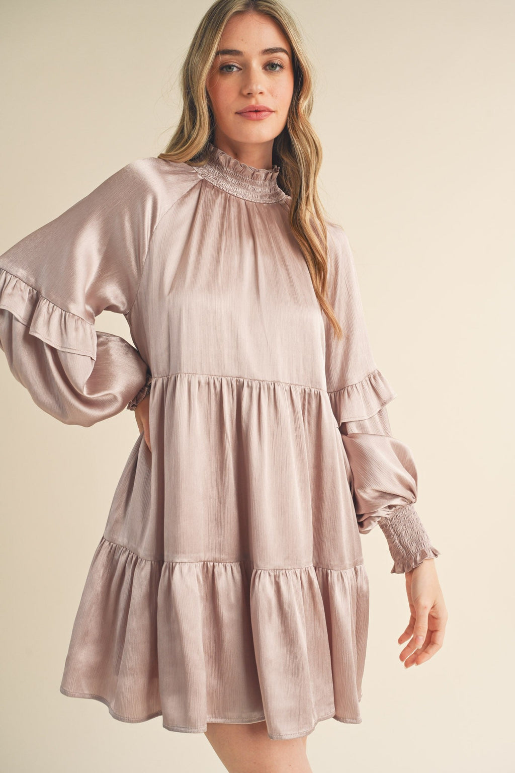 Champagne Mock Neck Tiered Mini Dress