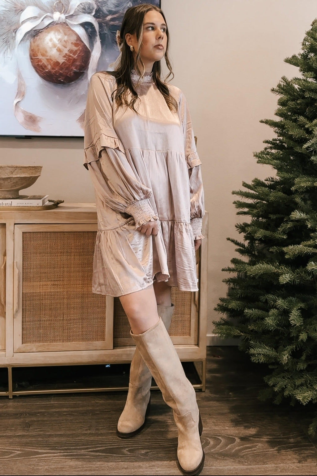 Champagne Mock Neck Tiered Mini Dress