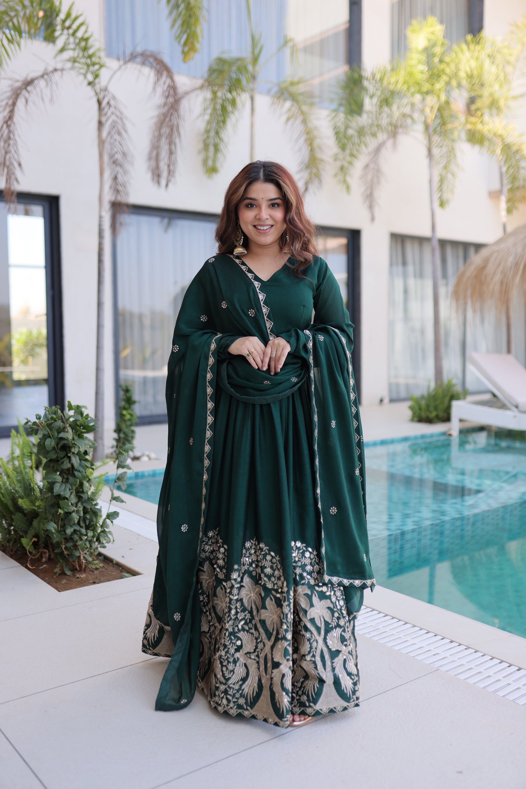 Green Rangoli Crush gown with multi-colored sequin embroidery and dupatta
