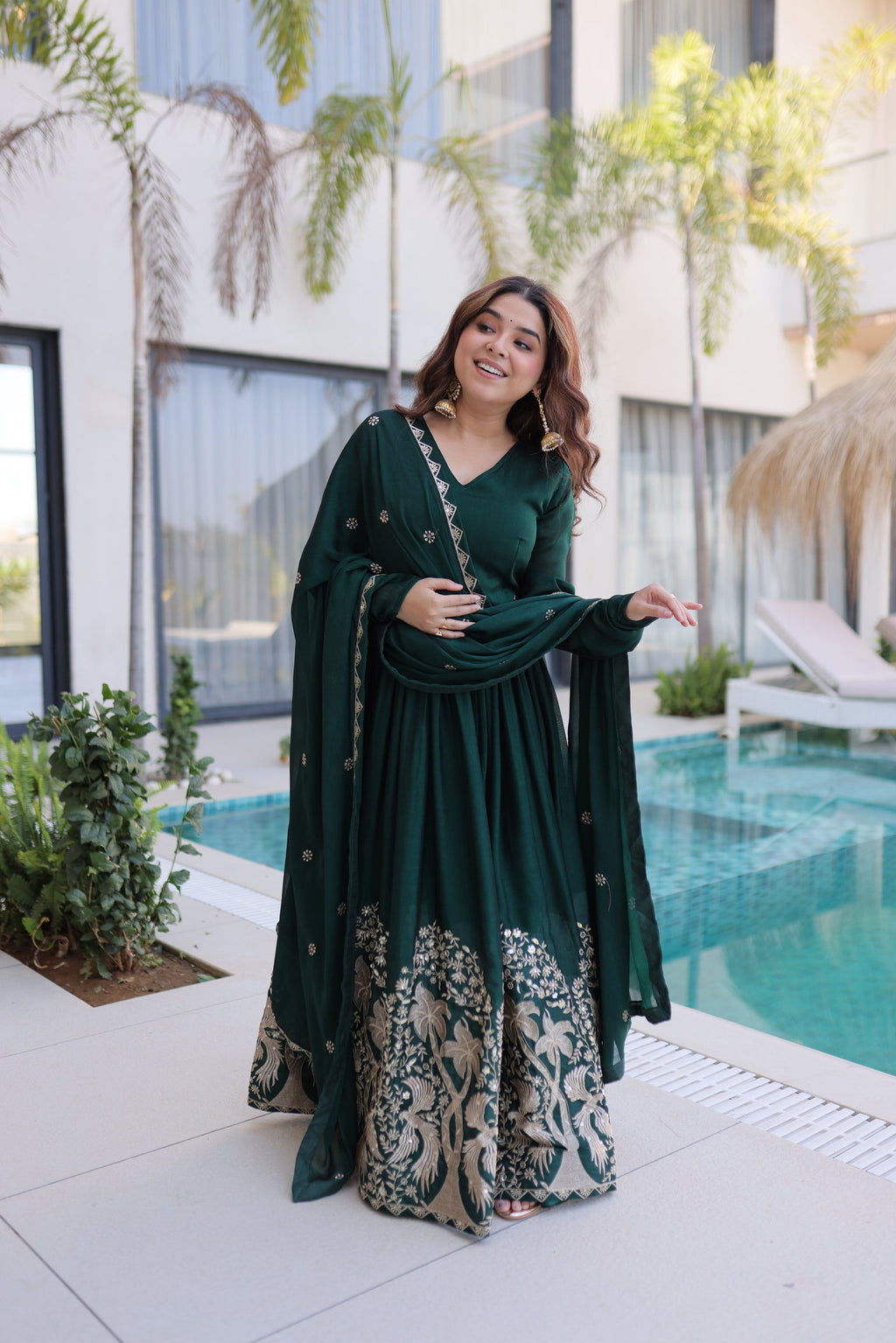 Green Rangoli Crush Gown with Sequins Embroidery and Dupatta