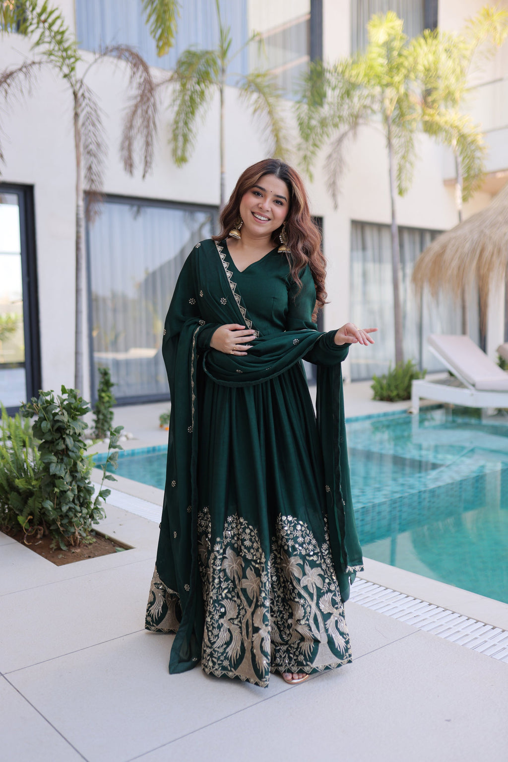 Green Rangoli Crush Gown with Sequins Embroidery and Dupatta