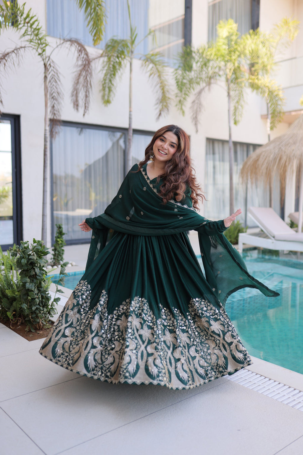 Green Rangoli Crush Gown with Sequins Embroidery and Dupatta