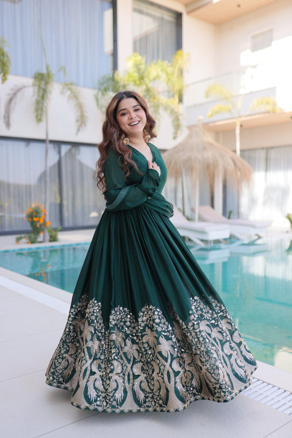 Green Rangoli Crush Gown with Sequins Embroidery and Dupatta