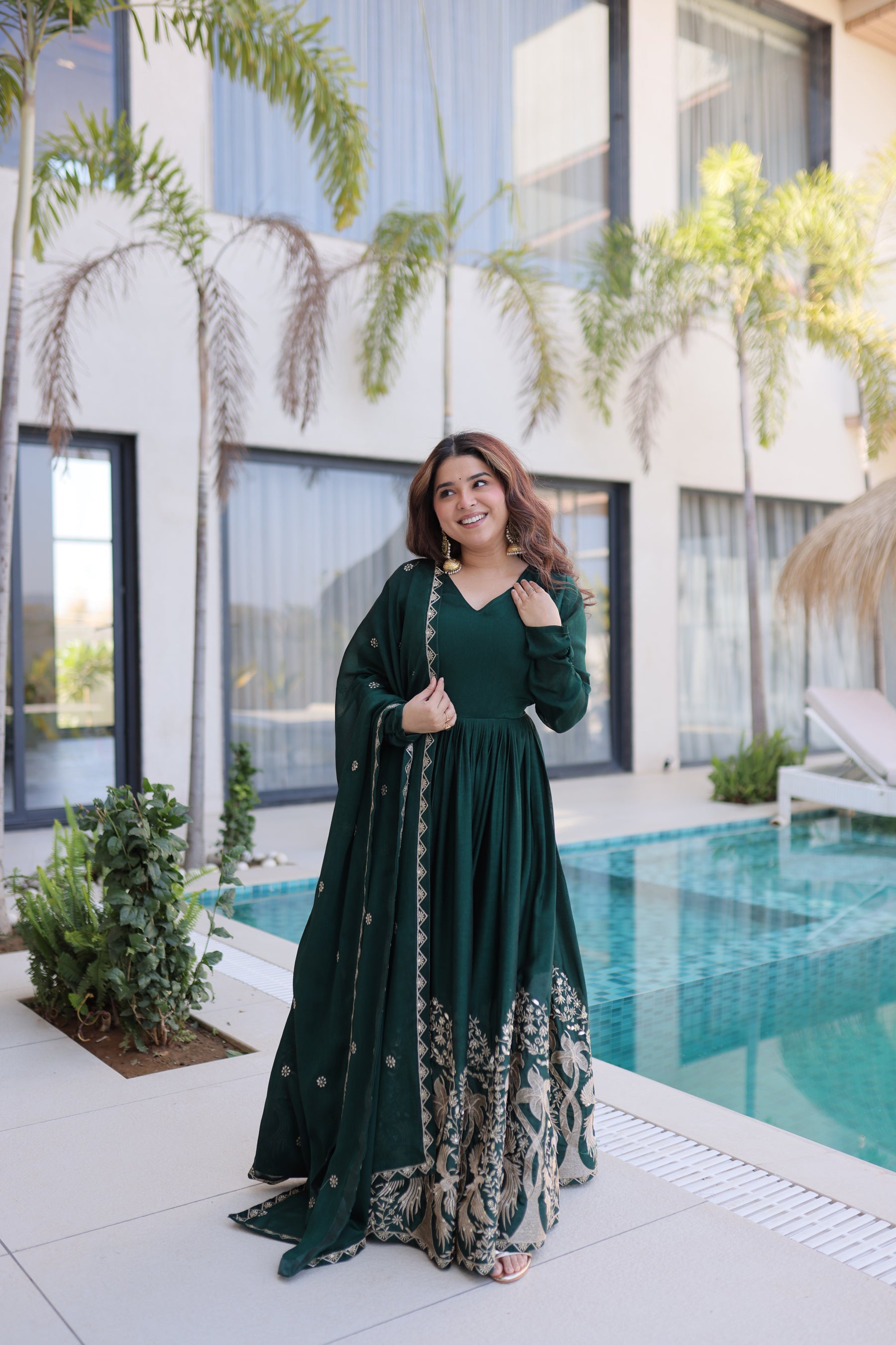Green Rangoli Crush Gown with Sequins Embroidery and Dupatta