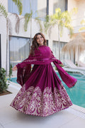 Wine Rangoli Crush gown with intricate multi-sequin embroidery and matching dupatta