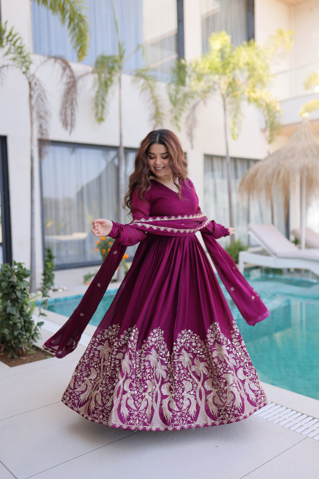 Wine Rangoli Crush Sequins Embroidered Gown with Dupatta