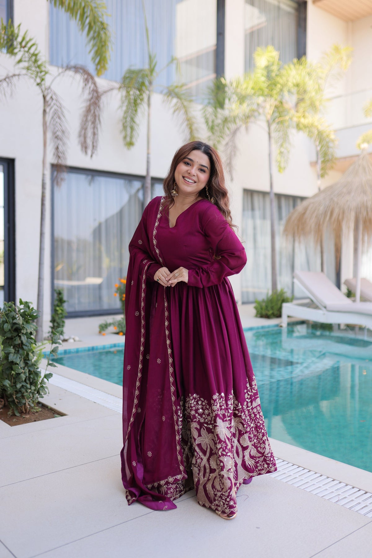 Wine Rangoli Crush Sequins Embroidered Gown with Dupatta