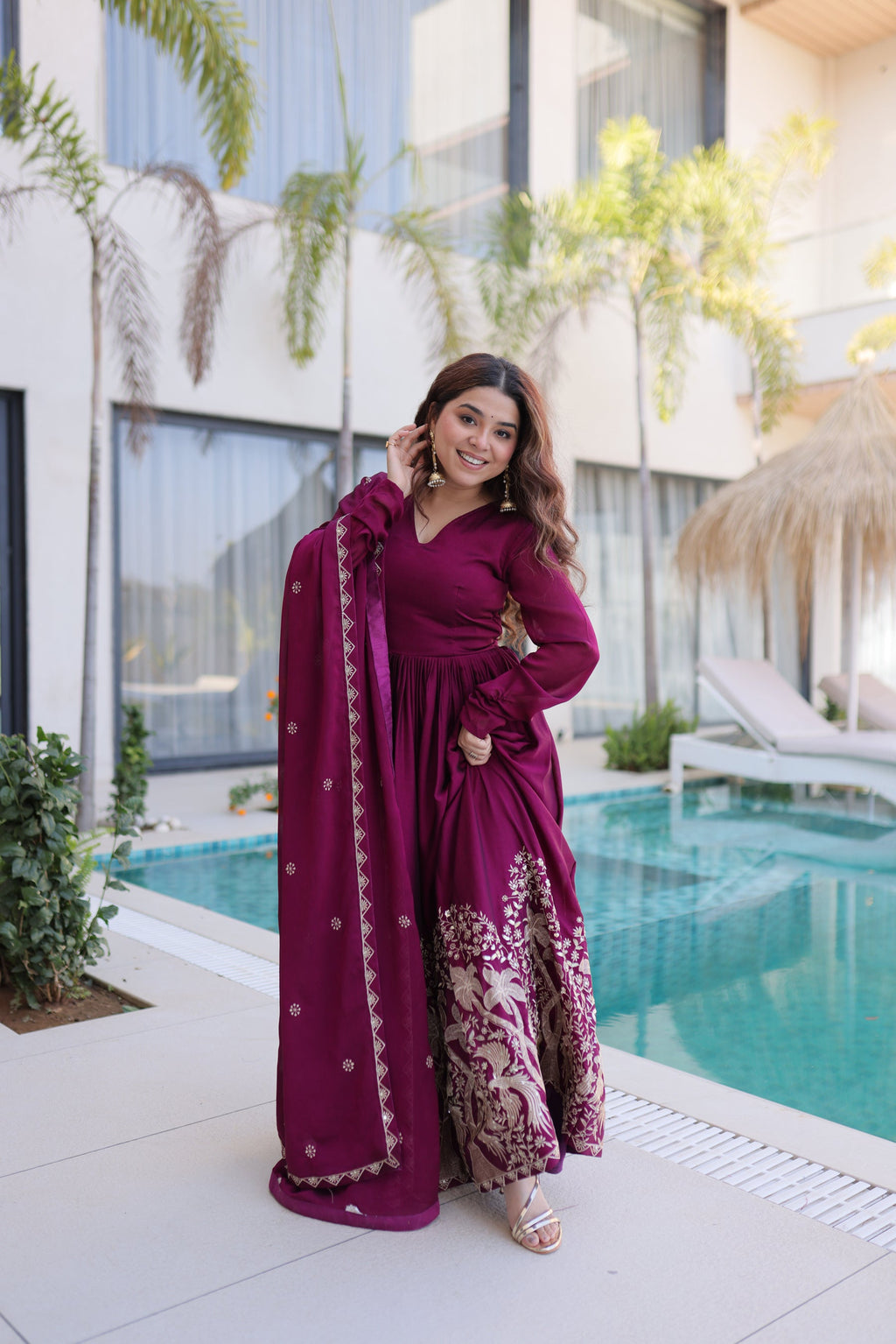 Wine Rangoli Crush Sequins Embroidered Gown with Dupatta