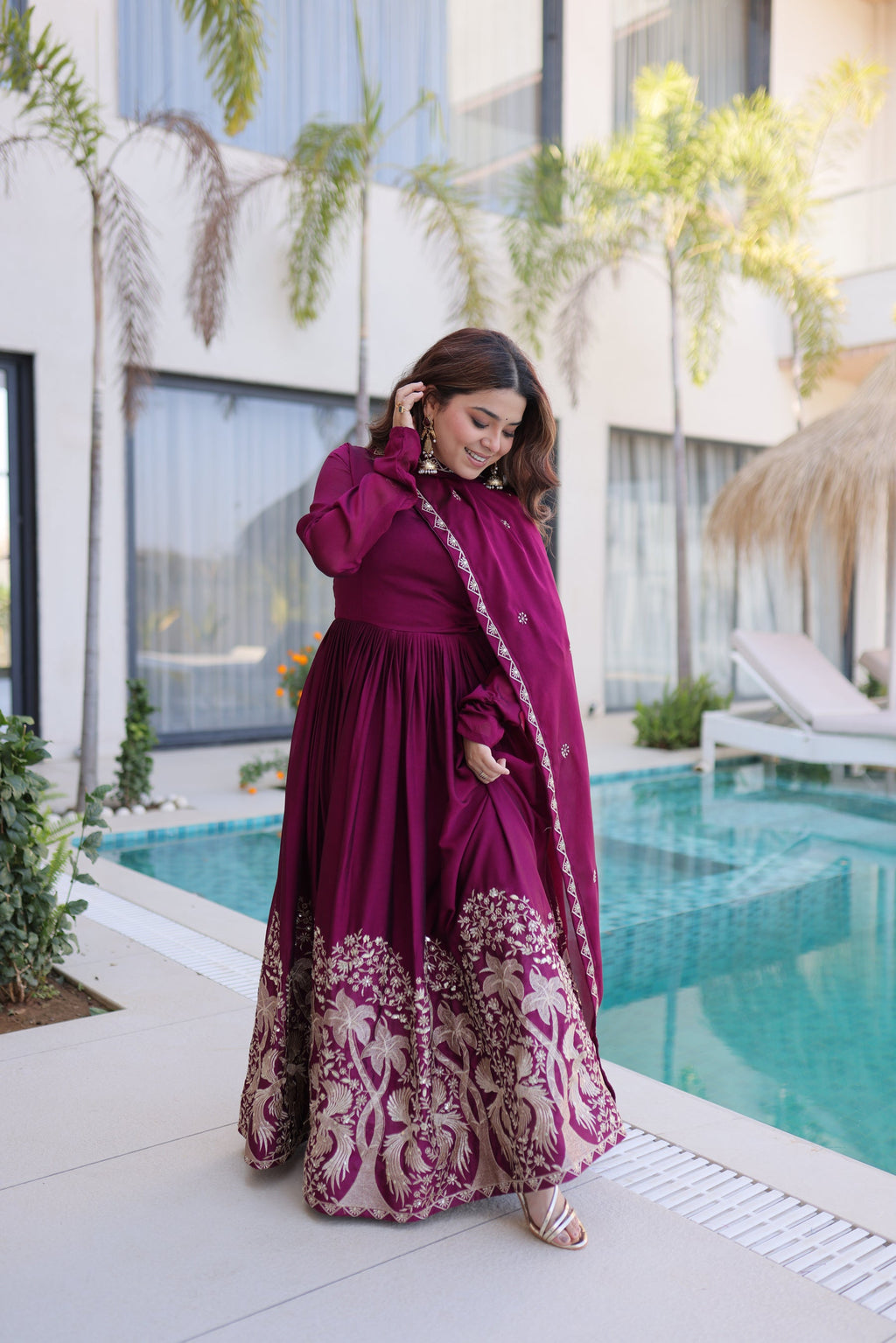 Wine Rangoli Crush Sequins Embroidered Gown with Dupatta